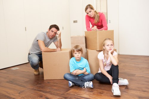 Office furniture and boxes arranged for a commercial move