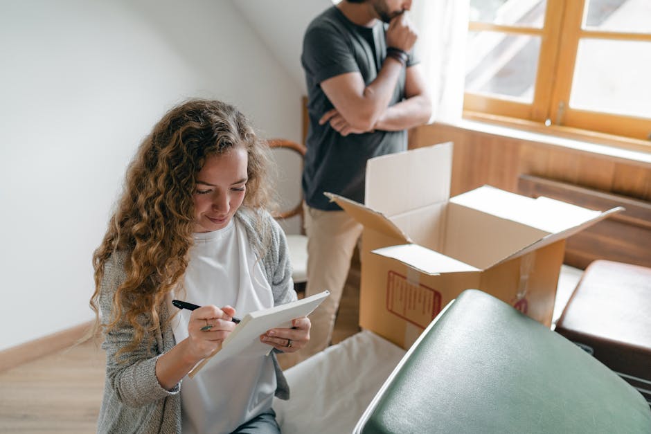 A woman with curly brown hair sitting on the floor inside a room, holding a clipboard and writing notes during a house move or packing process. Behind her, a man with short dark hair and a beard, dressed in a casual grey t-shirt and beige trousers, stands with his arms crossed and appears to be thinking or evaluating. The room has wooden flooring, a large open window with natural light streaming in, and a cardboard box partially filled with miscellaneous items. An open green suitcase is visible in the foreground, and some packing materials such as plastic wrap and cardboard are also present. The scene captures the packing and moving preparations typical of a house relocation, with furniture and boxes ready for transport as part of the service offered by Man With a Van Brixton.
